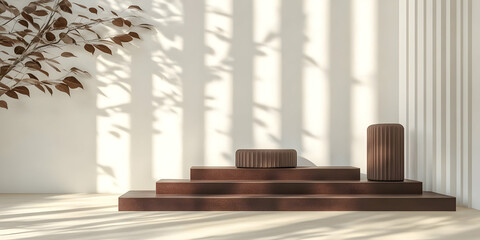 3D Illustration - Minimalist Interior Design Brown Podium Sunlight Shadows Plant