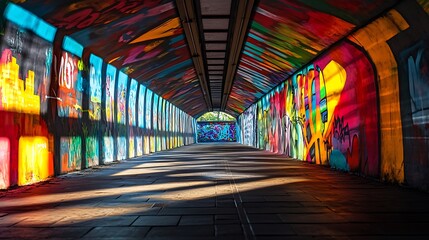 Walking Through Tunnel with Graffiti Art and Colorful Light Effects