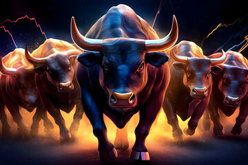Illustration of Charging Bulls, Finance, Investment, Growth
