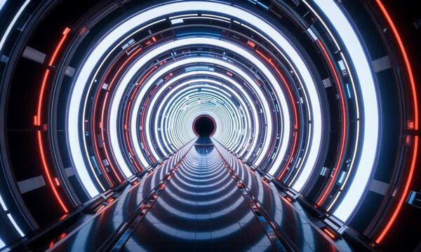 Futuristic Sci-Fi Tunnel with Neon Lights and High-Tech Design

