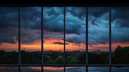 Rainy Sunset Cityscape Viewed Through Panoramic Window AI Generated