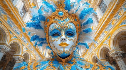 Obraz premium Ornate Venetian Carnival Mask in Gold & Blue, Historic Building