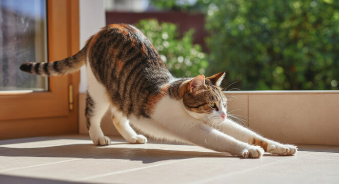 Cat stretching in sunlight on warm tile floor by window - Powered by Adobe