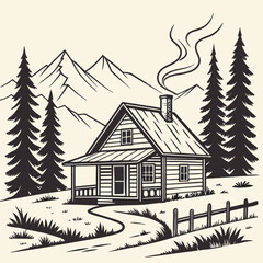 Vector Cabin, mountain and pine tree