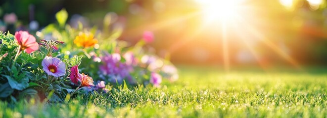 Fototapeta premium Vibrant flower garden in bright sunlight.