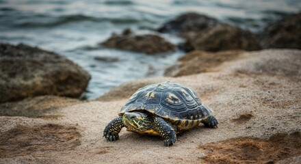 Obraz premium Turtle on rocky shoreline with ocean background