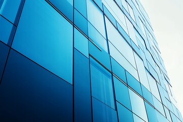 Fototapeta premium Modern blue glass facade of contemporary urban building reflecting sky