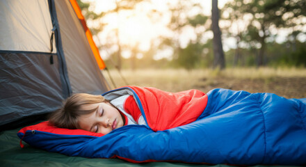 Caucasian child sleeping peacefully in sleeping bag at campsite