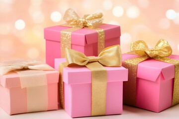 Obraz premium Photo Pink Gift Boxes Gold Ribbon Bow Festive Celebration Surprise