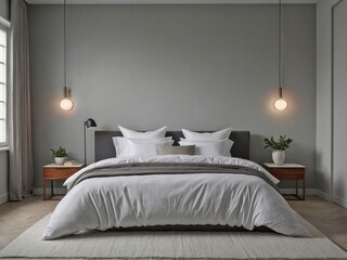 A neatly made bed with crisp white linens sits against a plain, light gray wall.