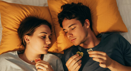Young caucasian couple relaxing in bed holding gummies with yellow pillows
