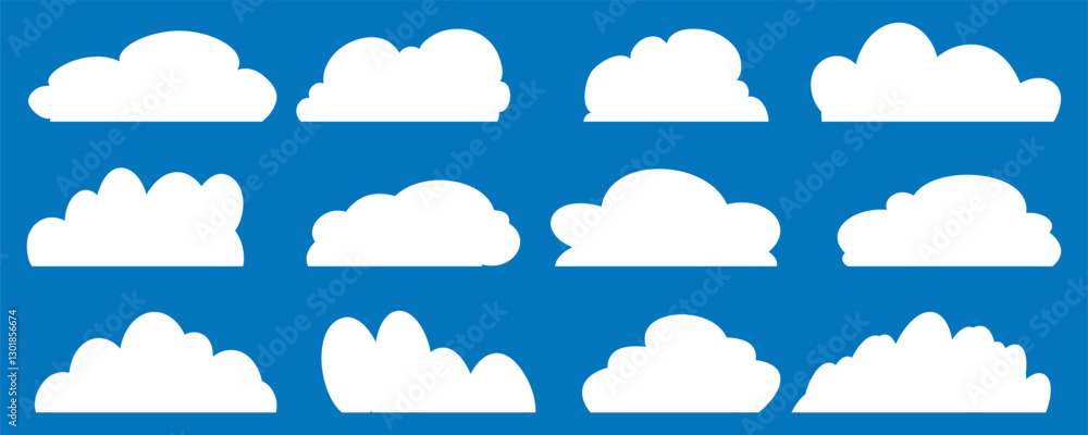Poster white cartoon cloudy set isolated on blue background. cloud pack in flat style for design element, s