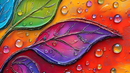 Obraz premium Colorful leaves with raindrops in an abstract painting illustration