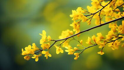 Obraz premium Bright yellow flowers on branch create vibrant and cheerful atmosphere, showcasing nature beauty in full bloom. soft green background enhances floral display