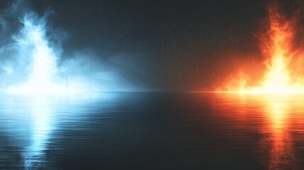 Fototapeta premium Fiery Orange and Icy Blue Flames Reflecting on Dark Water