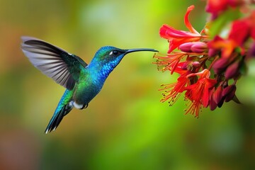 Obraz premium Vibrant hummingbird feeding on red flower.