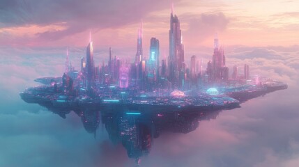 Naklejka premium Celestial Cityscape: A Futuristic Metropolis Floating Above the Clouds at Sunset