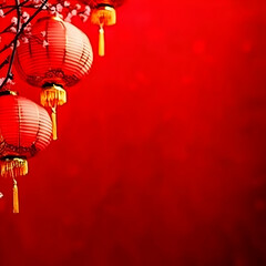 Obraz premium Illustration Background Red Lanterns Cherry Blossom Decoration Festive Abstract