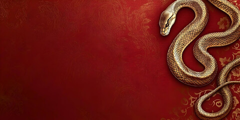 Golden Snake Illustration Red Background Floral Design