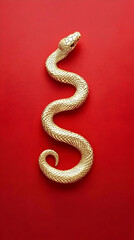 Golden Snake Illustration - Reptile, Gold, Red Background, Art, Design, Symbolism, Minimalism, Luxury, Elegant, Creative