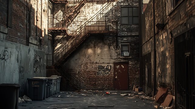 Urban Back Alley with Fire Escape and Brick Building Facade