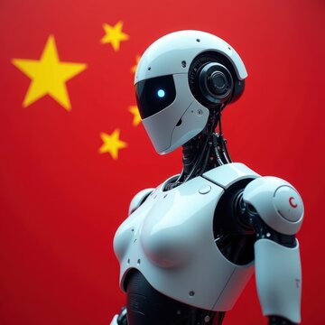 Chinese AI Advancement - Robot and China Flag. Suitable for content on China's technology progress, Asian AI innovation