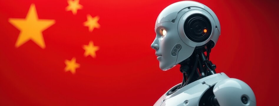 Chinese AI Advancement - Robot and China Flag. Suitable for content on China's technology progress, Asian AI innovation