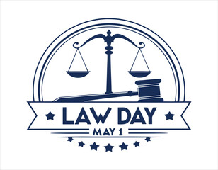 law day may 1 logo featuring a gavel and scales of justice in a circular design with stars, symbolizing legal awareness and celebration of the rule of law
