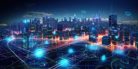 Obraz premium Futuristic city skyline illuminated at night with digital overlays and vibrant lights