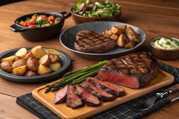 A delicious grilled beef steak with fresh vegetables at a market buffet