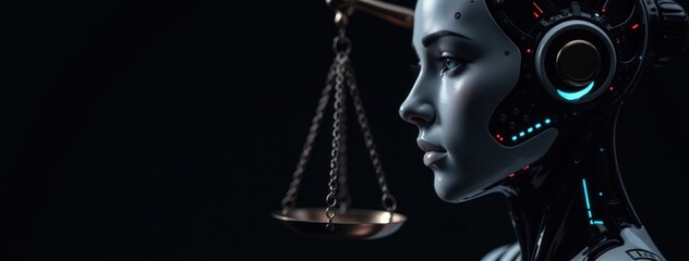AI Justice and Regulation - Robot with Scales of Justice. Suitable for content on AI ethics, algorithmic bias in legal systems, the need for AI governance, the future of AI in law