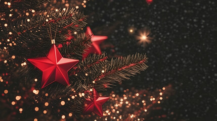 Christmas Illustration - Red Stars, Festive Lights, Dark Background