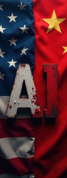 USA vs China AI Race - Letters AI with Flags. Ideal for articles and content about global technology competition, international AI development, future of technology leadership.
