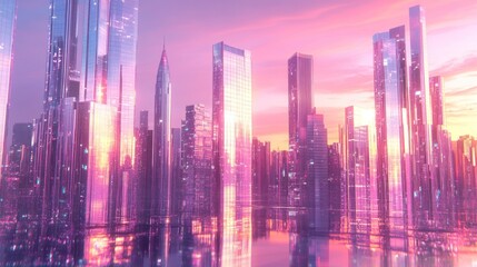 Fototapeta premium Futuristic Cityscape at Sunset: A Dreamlike Metropolis
