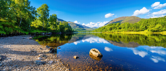 Fototapeta premium serene river scene with mirrored mountains and clear blue sky, showcasing nature beauty and tranquility