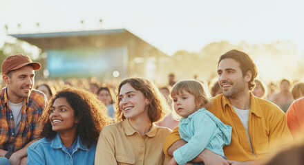 Fototapeta premium Diverse group enjoying outdoor music festival at sunset