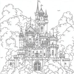 Intricate castle surrounded by fluffy clouds, showcasing detailed architecture and fantasy elements