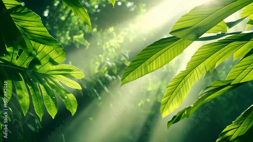 Poster sun rays filtering through lush rainforest canopy with dense foliage illuminated by natural light, p