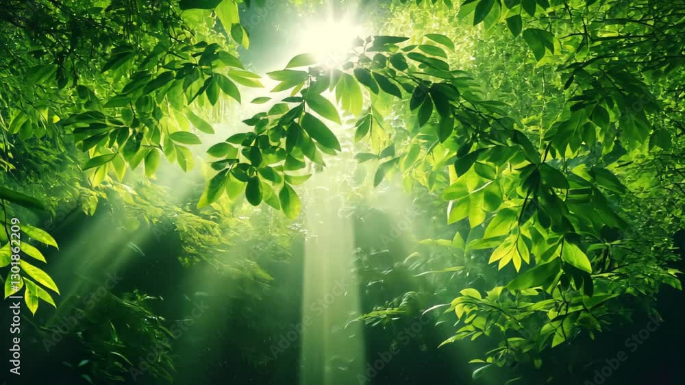 Poster sun rays filtering through lush green rainforest canopy creating enchanting nature scene with dense 