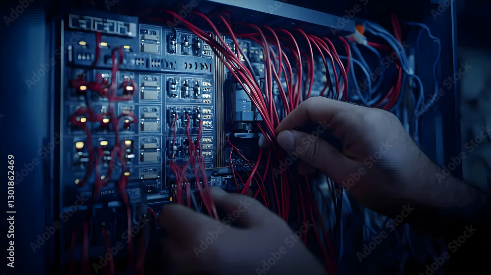 Poster photo - network engineer connecting wires to server rack in data center