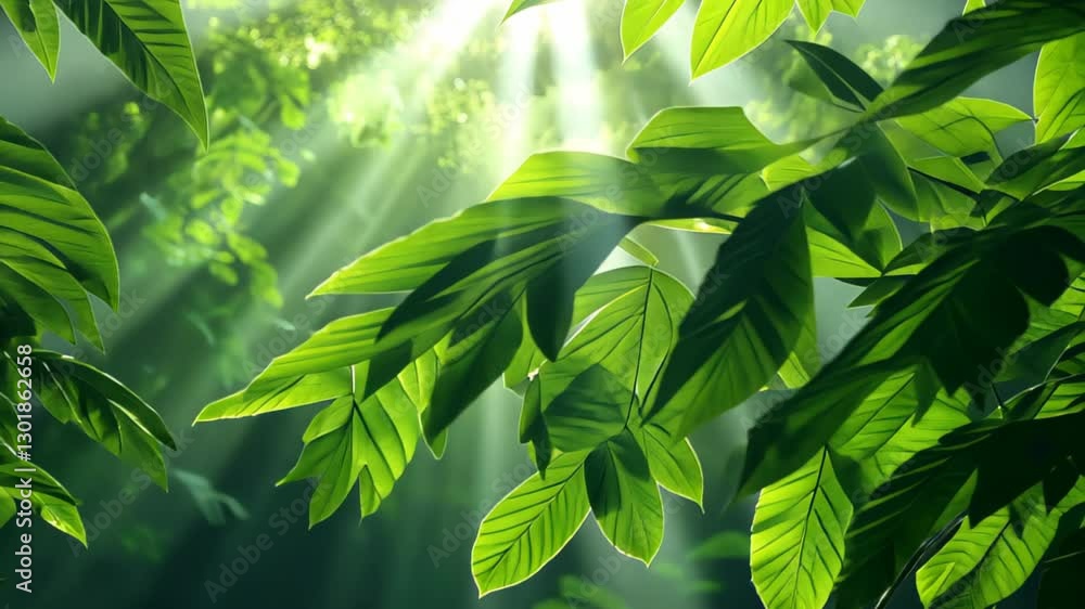 Poster sun rays filtering through dense rainforest canopy illuminating vibrant greenery in lush tropical ju