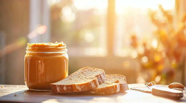 Morning Delight A Jar of Peanut Butter and Sliced Bread on the Table