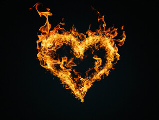 Fototapeta premium A heart-shaped object engulfed in bright, dynamic flames against a dark background, symbolizing intense passion or love.