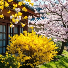 한옥 옆에 핀 노란색 개나리와 분홍빛 벚꽃 풍경
