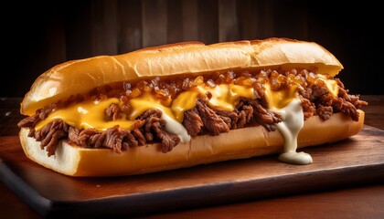 Philly Cheesesteak sandwich with finely chopped beef, melted cheddar cheese, and a creamy wh (2)