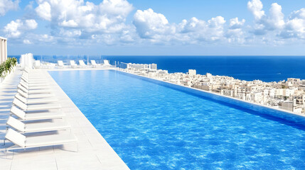 Fototapeta premium 3D Rooftop Infinity Pool, Ocean View, Lounge Chairs Illustration