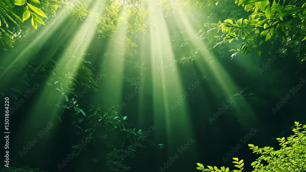 Poster sun rays filtering through lush green rainforest canopy creating enchanting nature scene with dense 