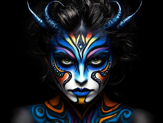 Illustration of Fantasy Makeup Art, Blue Horns, Colorful Face Paint