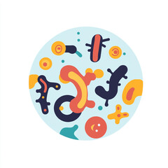 Obraz premium A stylized, colorful illustration of a bacterium with circular structures on its surface, representing different cellular components. 