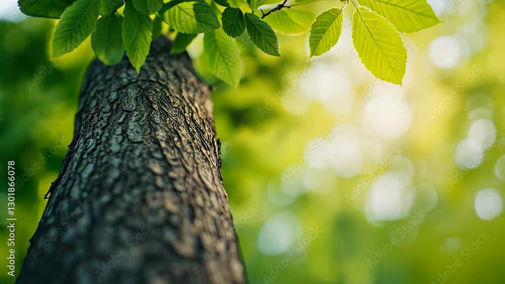 Poster tree trunk and green leaves with sunlight from below in forest nature setting capturing tranquil env